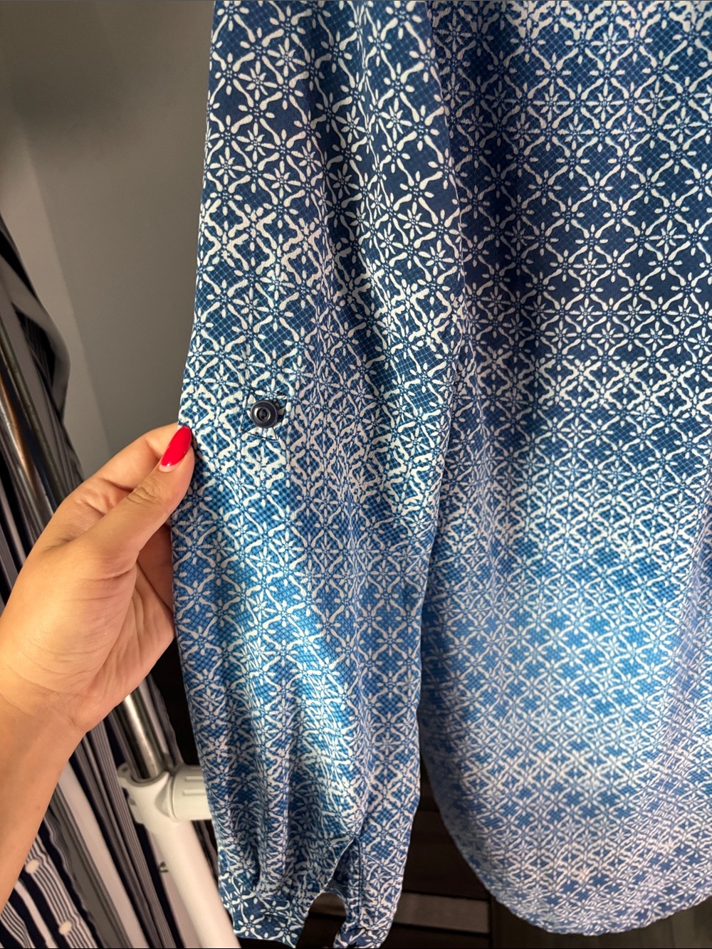 Diane Von Furstenberg Blue and White Printed Button-Down Blouse - Picture 10 of 12